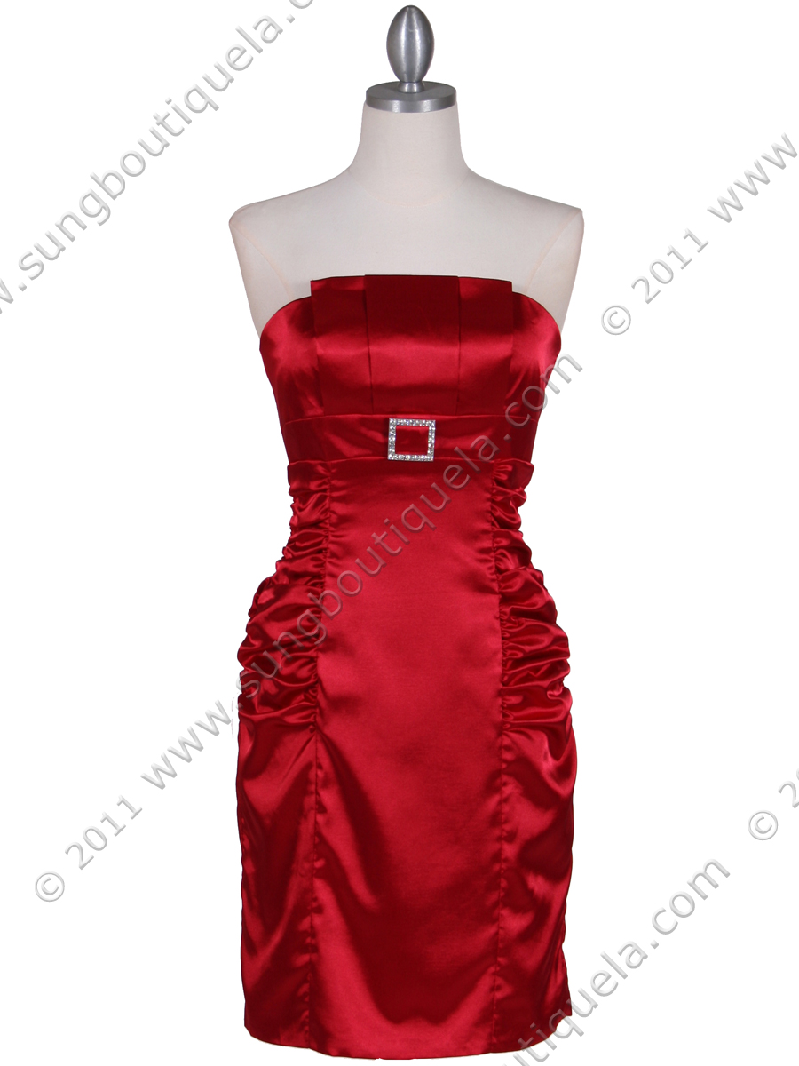 045 Red Strapless Satin Cocktail Dress - Front Image