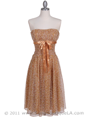 072 Gold Printed Tea Length Dress, Gold