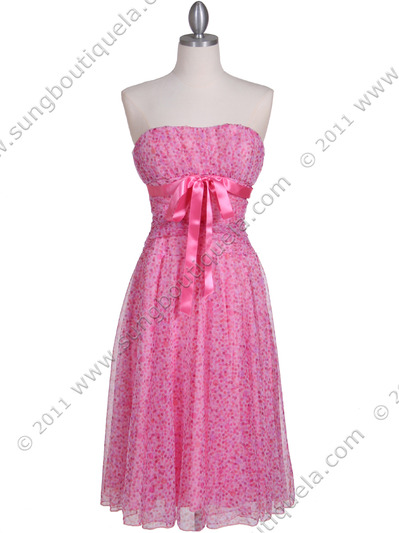 072 Pink Printed Tea Length Dress - Pink, Front View Medium