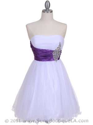 077 White Purple Strapless Cocktail Dress, White Purple