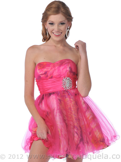 077Print Strapless Short Prom Dress - Hot Pink, Front View Medium