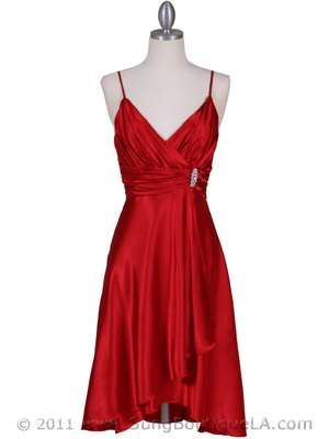 083 Red Charmeuse Cocktail Dress with Rhinestone Pin, Red