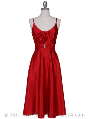 085 Red Charmeuse Tea Length Dress, Red