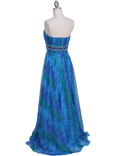 09287 Blue Printed Strapless Chiffon Evening Dress - Blue, Back View Medium