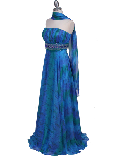 09287 Blue Printed Strapless Chiffon Evening Dress - Blue, Alt View Medium