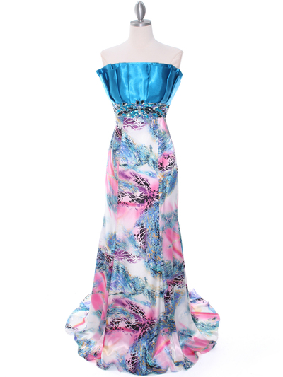 10302 Turquoise Printed Evening Dress - Turquoise, Front View Medium