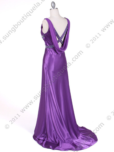 1050 Purple Draped Back Evening Gown - Purple, Back View Medium