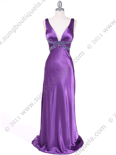 1050 Purple Draped Back Evening Gown - Purple, Front View Medium