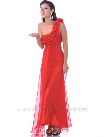 10530 One Shoulder Chiffon Evening Dress - Red, Front View Medium