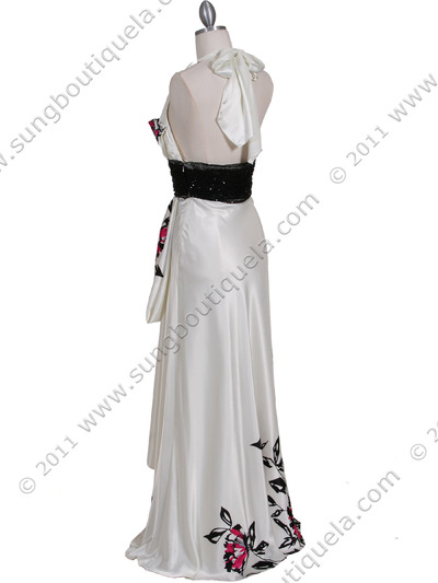1107 Ivory Printed Evening Dress - Ivory, Back View Medium