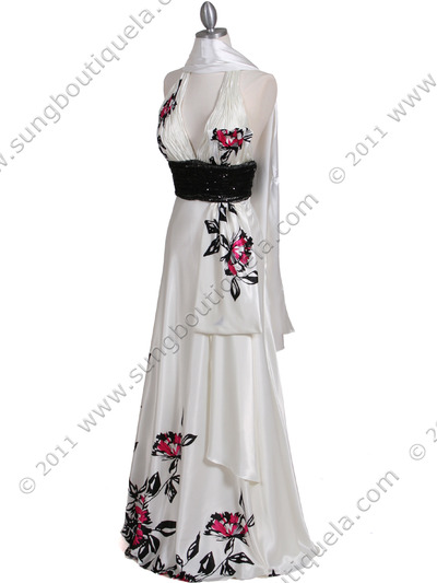 1107 Ivory Printed Evening Dress - Ivory, Alt View Medium