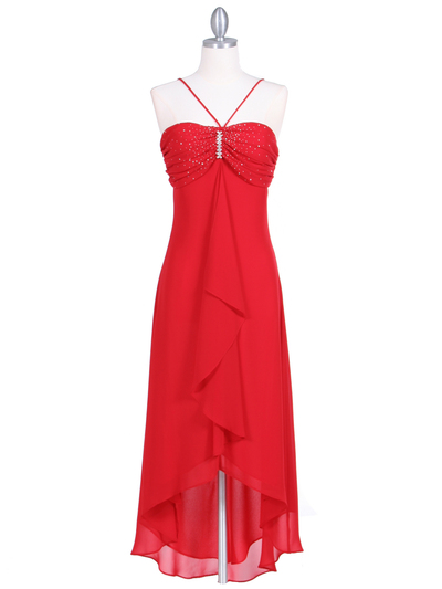 1111 Red Evening Dress with Rhine Stone Pin - Red, Front View Medium
