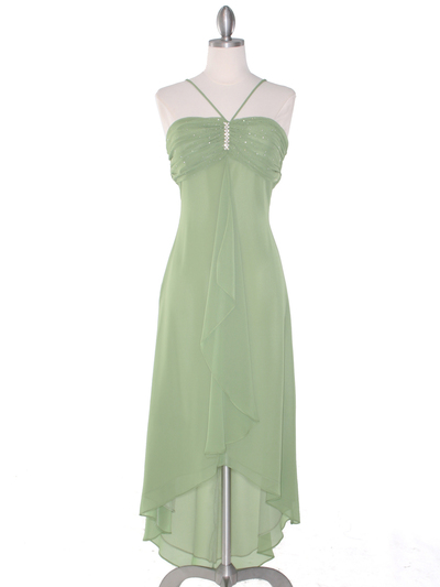1111 Sage Evening Dress with Rhinestone Pin - Sage, Front View Medium