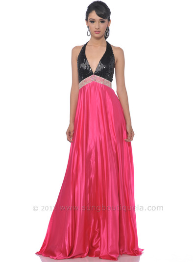 120 Sequin Halter Top Prom Dress - Black Hot Pink, Front View Medium