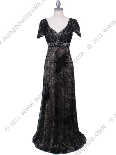 1227 Black Lace Evening Dress - Black, Front View Medium