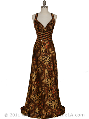 123 Animal Print Satin Evening Gown, Brown