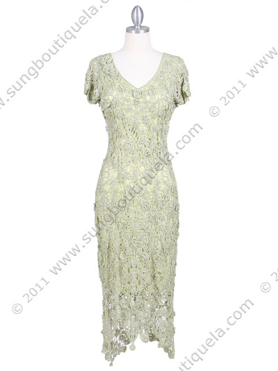 12959 Apple Green Flower Crochet Dress - Apple Green, Front View Medium