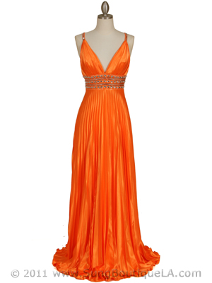 131 Orange Empire Waist Rhinestone Evening Dress, Orange