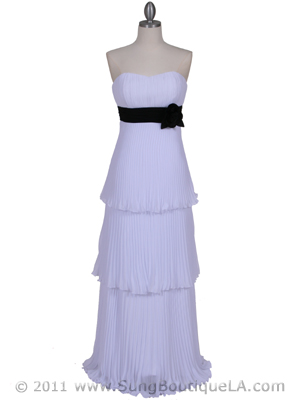 134 White Pleated Tier Evening Dress, White