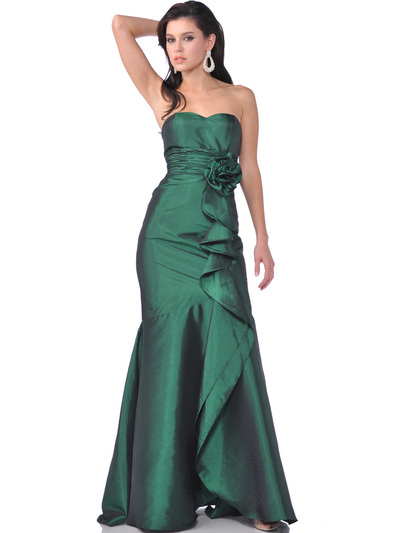 1353 Strapless Evening Dress with Rosette Decore - Green, Front View Medium