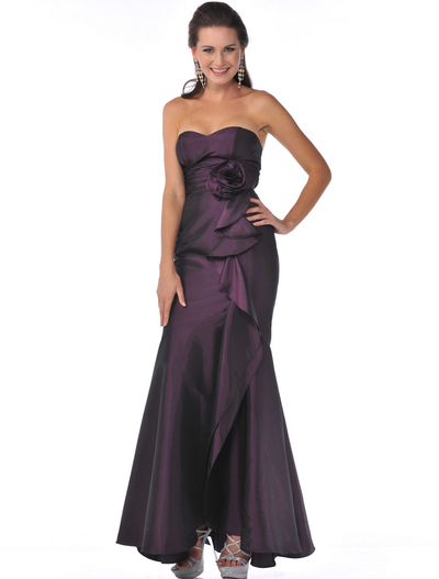 1353 Strapless Evening Dress with Rosette Decore - Plum, Front View Medium