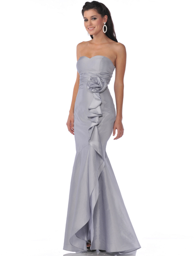 1353 Strapless Evening Dress with Rosette Decore - Silver, Front View Medium