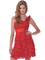 1354 One Shoulder Rosette Strap Cocktail Dress - Red, Front View Thumbnail