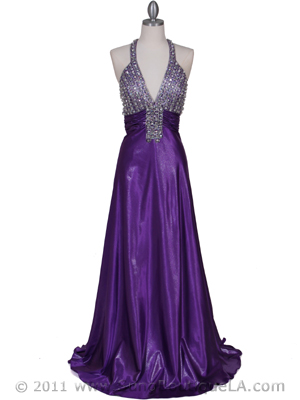 148 Purple Halter Rhinestone Evening Dress, Purple