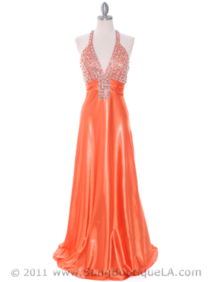 148 Tangerine Halter Rhinestone Evening Dress, Tangerine