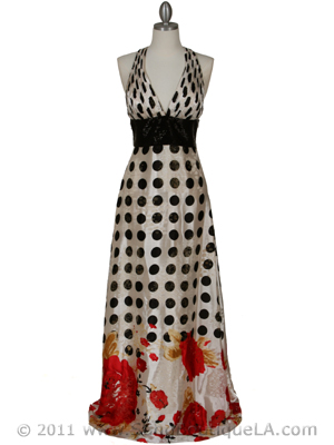 150 Polka Dot Printed Evening Dress, Ivory