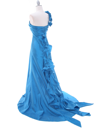 1613 Indigo Blue Taffeta Rosette Prom Evening Dress - Indigo Blue, Back View Medium