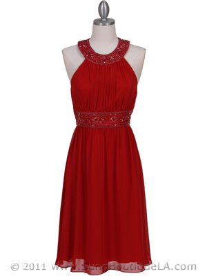 161 Red Beaded Cocktail Dress, Red