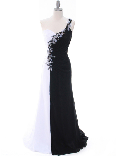 1624 Black/White One Shoulder Floral Evening Dress - Black White, Front View Medium