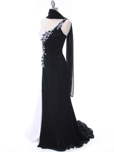 1624 Black/White One Shoulder Floral Evening Dress - Black White, Alt View Medium