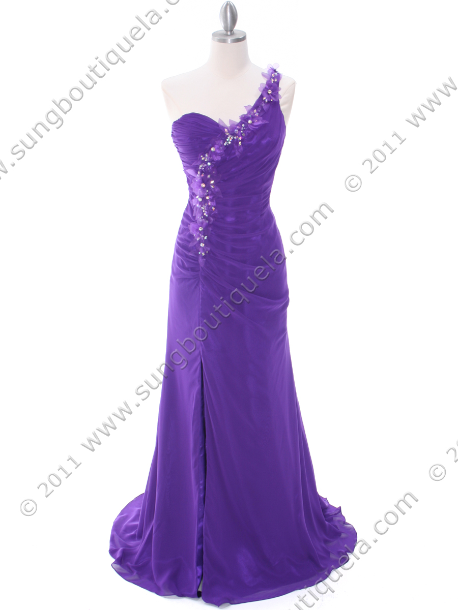 1624 Purple One Shoulder Floral Evening Dress - Front Image