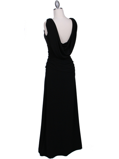1643 Black Draped Back Evening Dress with Rhinestone Pin - Black, Back View Medium