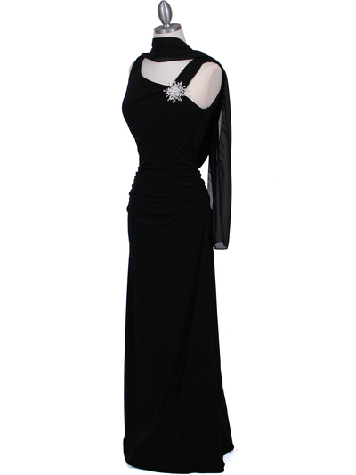 1643 Black Draped Back Evening Dress with Rhinestone Pin - Black, Alt View Medium