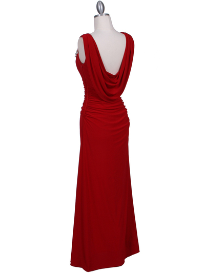 1643 Red Draped Back Evening Dress with Rhinestone Pin - Red, Back View Medium