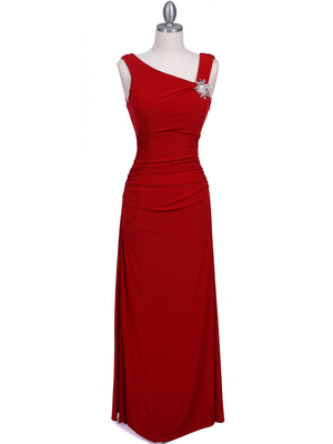 1643 Red Draped Back Evening Dress with Rhinestone Pin, Red