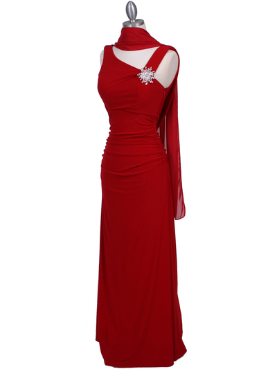 1643 Red Draped Back Evening Dress with Rhinestone Pin - Red, Alt View Medium
