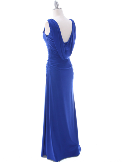 1643 Royal Blue Draped Back Evening Dress with Rhinestone Pin - Royal Blue, Back View Medium