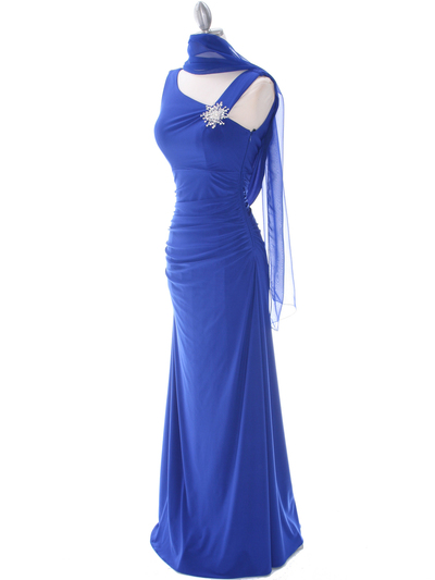1643 Royal Blue Draped Back Evening Dress with Rhinestone Pin - Royal Blue, Alt View Medium