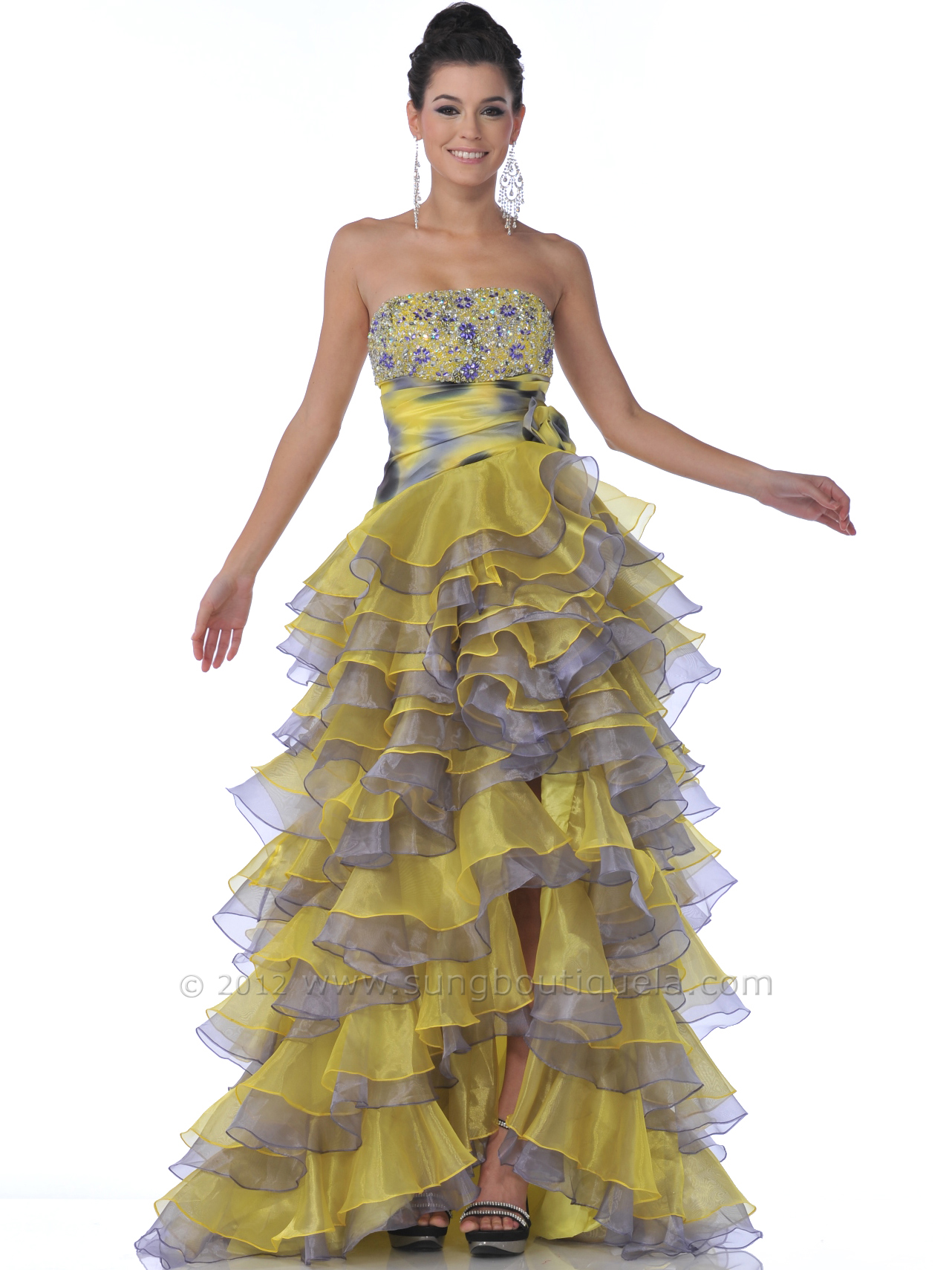 ... High Low Ruffle Tiered Prom Dress - Yellow Purple, Front View Medium