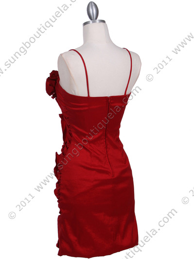 1671 Red Stretch Taffeta Floral Cocktail Dress - Red, Back View Medium