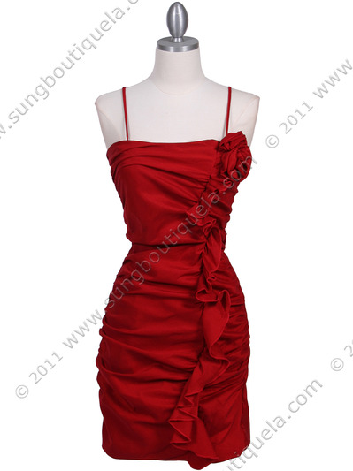 1671 Red Stretch Taffeta Floral Cocktail Dress - Red, Front View Medium