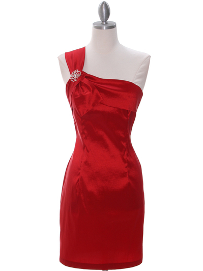 1710 Red One Shoulder Cocktail Dress - Red, Front View Medium