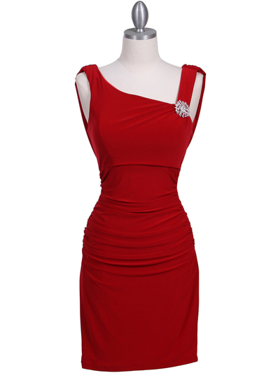 1743 Red Cocktail Dress with Rhinestone Pin - Red, Front View Medium
