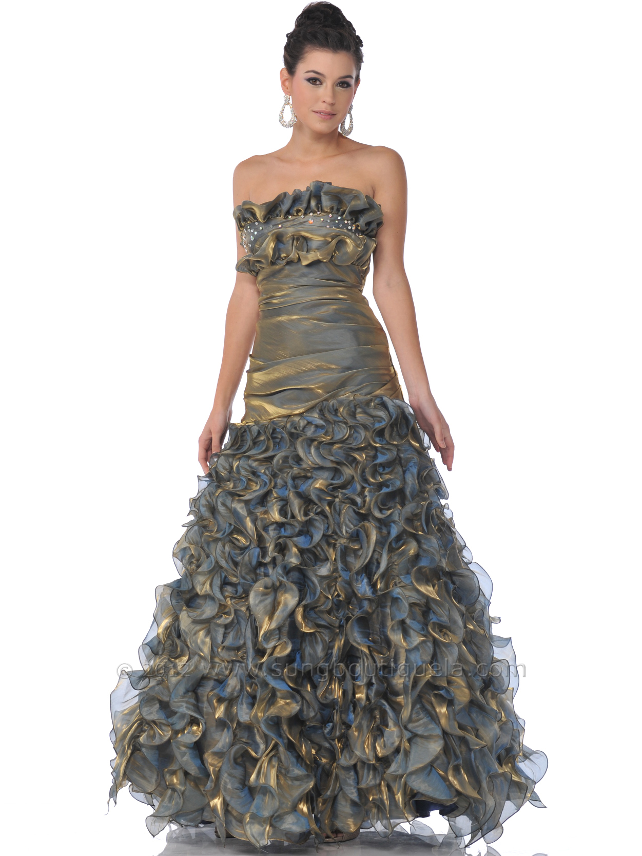17 Gold Strapless Iridescent Ruffled Prom Dresses - Front Image
