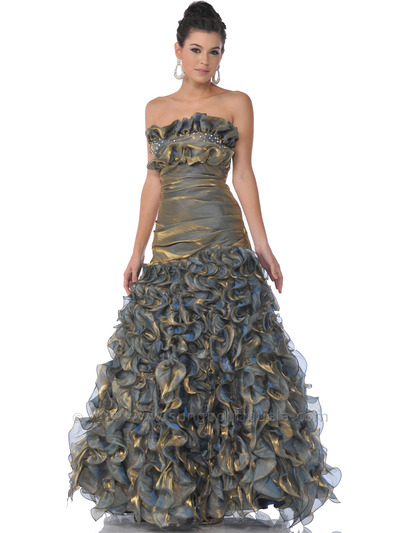 17 Gold Strapless Iridescent Ruffled Prom Dresses - Gold, Front View Medium