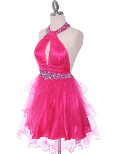 1806 Hot Pink Halter Cocktail Dress With Keyhole - Hot Pink, Alt View Medium